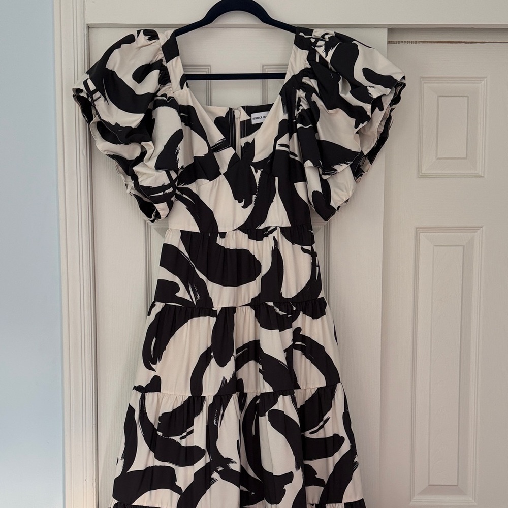 Rebecca Vallance Black and Cream Print Gown with Ruffle Sleeves
